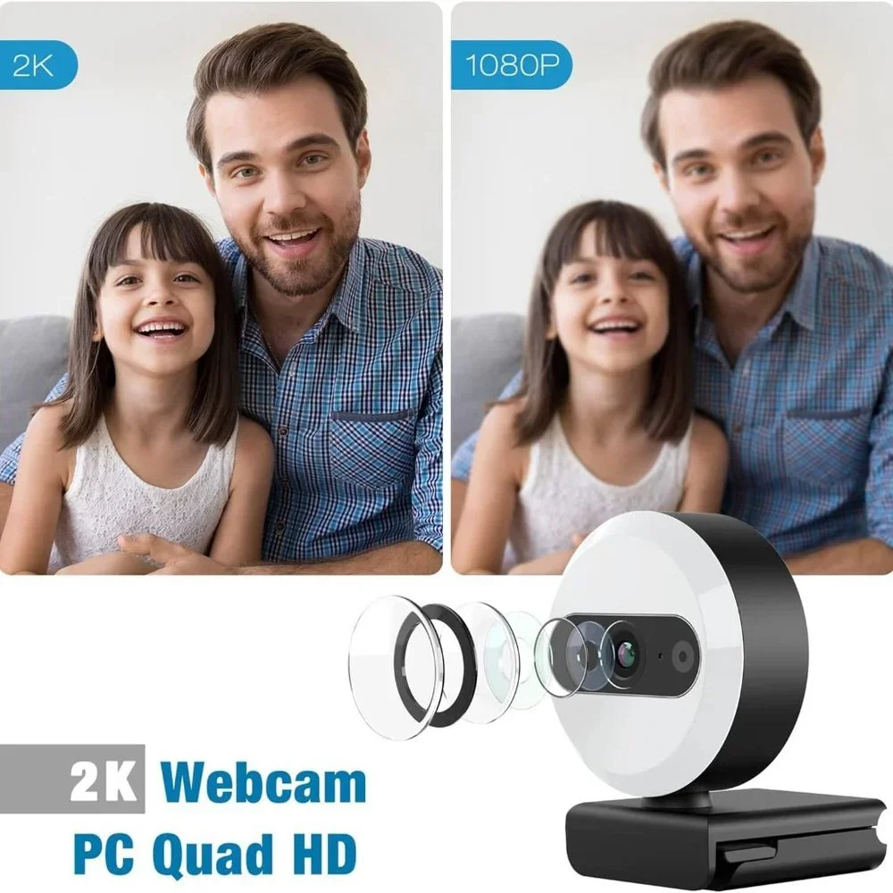 Webcam, 2K HD Webcam with Microphone Tripod and Privacy Cover, Web Camera for PC